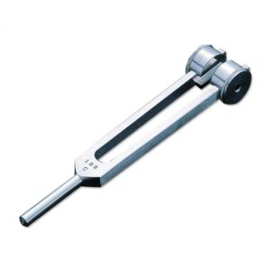 A silver metallic tuning fork with adjustable cylindrical weights on its prongs, for Medical Students and Healthcare Professionals | Legacy Medical Supply