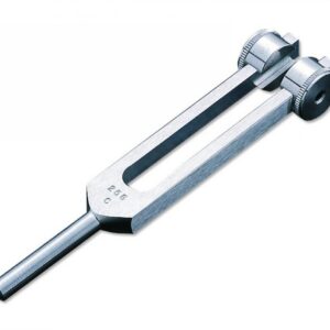 A silver metallic tuning fork with adjustable cylindrical weights on its prongs, for Medical Students and Healthcare Professionals | Legacy Medical Supply