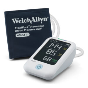 A Welch Allyn digital blood pressure monitor and a dark blue cuff. The monitor's screen shows blood pressure readings of 144 SYS, 85 DIA, and a pulse of 68.