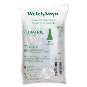 A bag of Welch Allyn Universal KleenSpec pediatric single-use specula, 2.75 mm, containing 850 pieces. The packaging shows product details and compatibility.