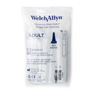 A clear plastic bag of Welch Allyn Universal KleenSpec Single-Use Specula, Adult 4.25 mm, 850 count. The packaging shows product details, compatible otoscope models, and manufacturer information.